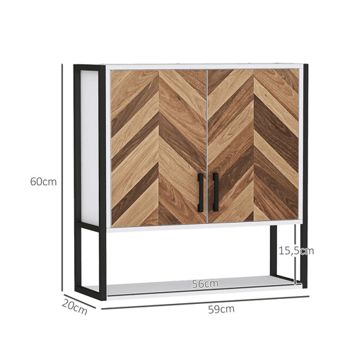 HOMCOM Armário de Parede para Casa de Banho Móvel Casa de Banho de Parede Armário Suspenso de Arrumação com 2 Portas Prateleiras Ajustáveis e Prateleira Aberta 59x20x60 cm Branco e Madeira