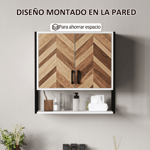 HOMCOM Armário de Parede para Casa de Banho Móvel Casa de Banho de Parede Armário Suspenso de Arrumação com 2 Portas Prateleiras Ajustáveis e Prateleira Aberta 59x20x60 cm Branco e Madeira