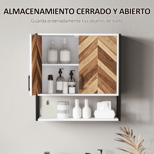 HOMCOM Armário de Parede para Casa de Banho Móvel Casa de Banho de Parede Armário Suspenso de Arrumação com 2 Portas Prateleiras Ajustáveis e Prateleira Aberta 59x20x60 cm Branco e Madeira