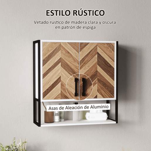 HOMCOM Armário de Parede para Casa de Banho Móvel Casa de Banho de Parede Armário Suspenso de Arrumação com 2 Portas Prateleiras Ajustáveis e Prateleira Aberta 59x20x60 cm Branco e Madeira