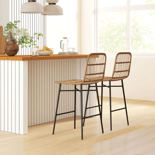 HOMCOM Conjunto de 2 Bancos Altos de Cozinha Bancos de Bar com Encosto e Assento em Vime Sintético Carga 120 kg Bancos de Bar Modernos para Cozinha Sala de Jantar 43x56x101 cm Marrom Claro