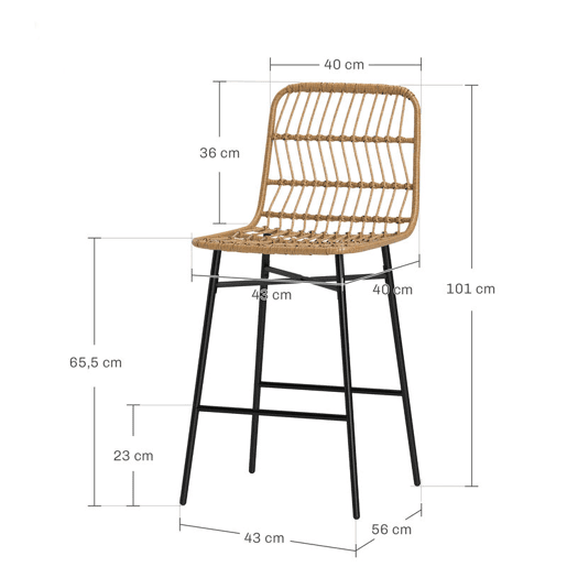 HOMCOM Conjunto de 2 Bancos Altos de Cozinha Bancos de Bar com Encosto e Assento em Vime Sintético Carga 120 kg Bancos de Bar Modernos para Cozinha Sala de Jantar 43x56x101 cm Marrom Claro