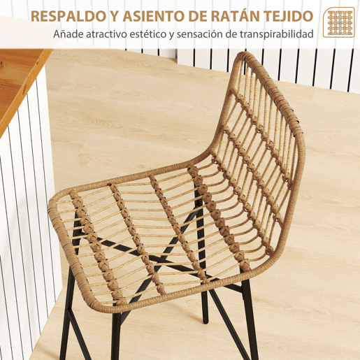 HOMCOM Conjunto de 2 Bancos Altos de Cozinha Bancos de Bar com Encosto e Assento em Vime Sintético Carga 120 kg Bancos de Bar Modernos para Cozinha Sala de Jantar 43x56x101 cm Marrom Claro