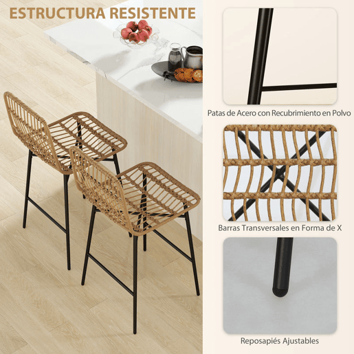 HOMCOM Conjunto de 2 Bancos Altos de Cozinha Bancos de Bar com Encosto e Assento em Vime Sintético Carga 120 kg Bancos de Bar Modernos para Cozinha Sala de Jantar 43x56x101 cm Marrom Claro