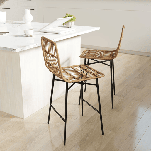 HOMCOM Conjunto de 2 Bancos Altos de Cozinha Bancos de Bar com Encosto e Assento em Vime Sintético Carga 120 kg Bancos de Bar Modernos para Cozinha Sala de Jantar 43x56x101 cm Marrom Claro