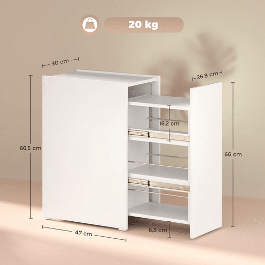 HOMCOM Armário de Casa de Banho Estreito com Gaveta Deslizante e Rodas Móvel de Casa de Banho com 3 Compartimentos Móvel Auxiliar para Espaços Pequenos 47x30x66,5 cm Branco