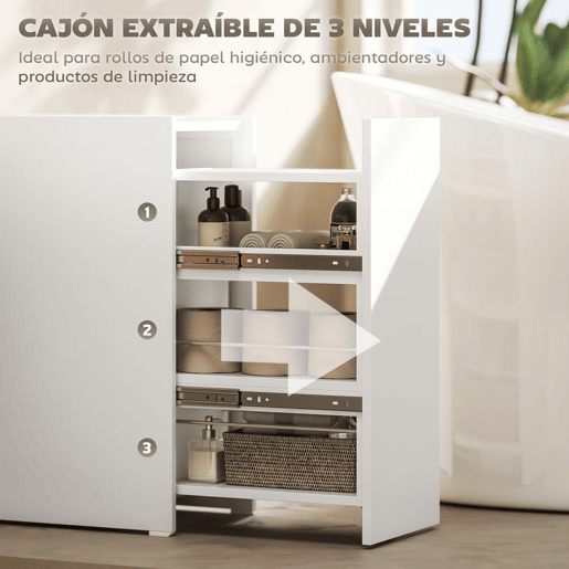 HOMCOM Armário de Casa de Banho Estreito com Gaveta Deslizante e Rodas Móvel de Casa de Banho com 3 Compartimentos Móvel Auxiliar para Espaços Pequenos 47x30x66,5 cm Branco