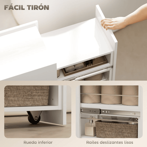 HOMCOM Armário de Casa de Banho Estreito com Gaveta Deslizante e Rodas Móvel de Casa de Banho com 3 Compartimentos Móvel Auxiliar para Espaços Pequenos 47x30x66,5 cm Branco