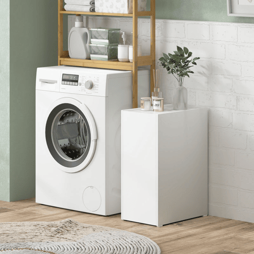 HOMCOM Armário de Casa de Banho Estreito com Gaveta Deslizante e Rodas Móvel de Casa de Banho com 3 Compartimentos Móvel Auxiliar para Espaços Pequenos 47x30x66,5 cm Branco