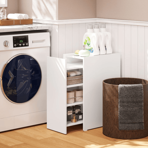HOMCOM Armário de Casa de Banho Estreito com Gaveta Deslizante e Rodas Móvel de Casa de Banho com 3 Compartimentos Móvel Auxiliar para Espaços Pequenos 47x30x66,5 cm Branco