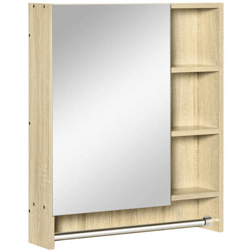 kleankin Armário de Casa de Banho com Espelho Armário de Parede com 1 Porta Prateleira Ajustável Toalheiro e Compartimento Móvel de Casa de Banho Suspenso 60x15x70 cm Carvalho