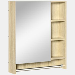 kleankin Armário de Casa de Banho com Espelho Armário de Parede com 1 Porta Prateleira Ajustável Toalheiro e Compartimento Móvel de Casa de Banho Suspenso 60x15x70 cm Carvalho