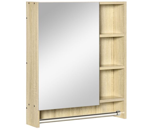 Kleankin armario de baño con espejo armario de pared con 1 puerta estante ajustable toallero y compartimento mueble de baño colgante para salón 60x15x70 cm roble