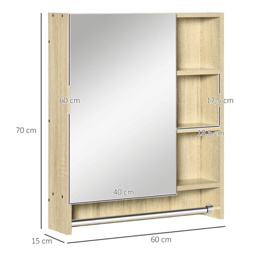 kleankin Armário de Casa de Banho com Espelho Armário de Parede com 1 Porta Prateleira Ajustável Toalheiro e Compartimento Móvel de Casa de Banho Suspenso 60x15x70 cm Carvalho