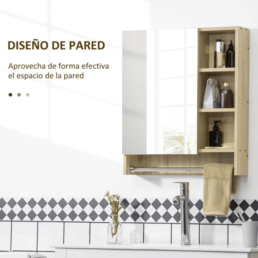 kleankin Armário de Casa de Banho com Espelho Armário de Parede com 1 Porta Prateleira Ajustável Toalheiro e Compartimento Móvel de Casa de Banho Suspenso 60x15x70 cm Carvalho