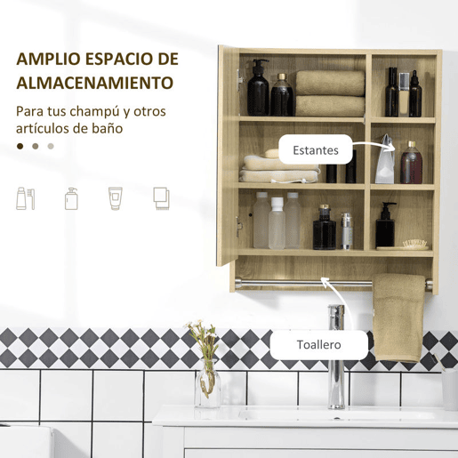 kleankin Armário de Casa de Banho com Espelho Armário de Parede com 1 Porta Prateleira Ajustável Toalheiro e Compartimento Móvel de Casa de Banho Suspenso 60x15x70 cm Carvalho