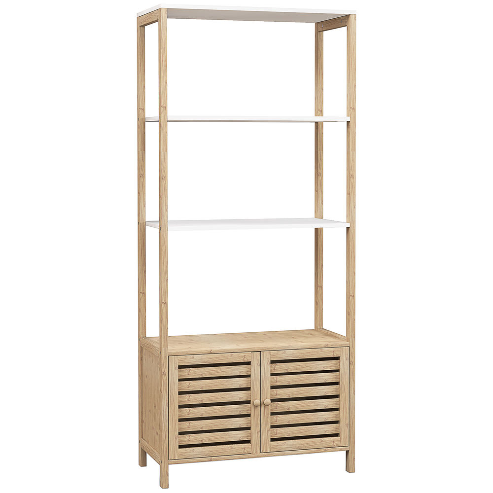Homcom estantería de baño de bambú con 3 estantes abiertos estantería de almacenaje con puertas de lamas 63x30x138 cm natural y blanco