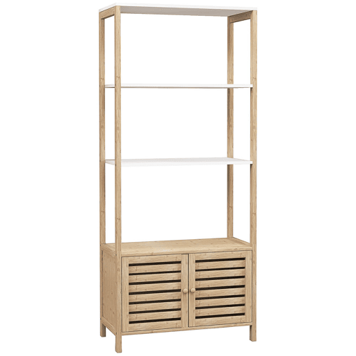 HOMCOM Estante para Casa de Banho de Bambu com 3 Prateleiras Abertas Estante de Arrumação Casa de Banho com Portas Ripadas 63x30x138 cm Madeira e Branco