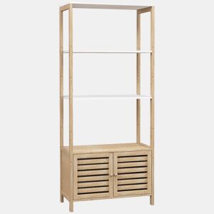 HOMCOM Estante para Casa de Banho de Bambu com 3 Prateleiras Abertas Estante de Arrumação Casa de Banho com Portas Ripadas 63x30x138 cm Madeira e Branco