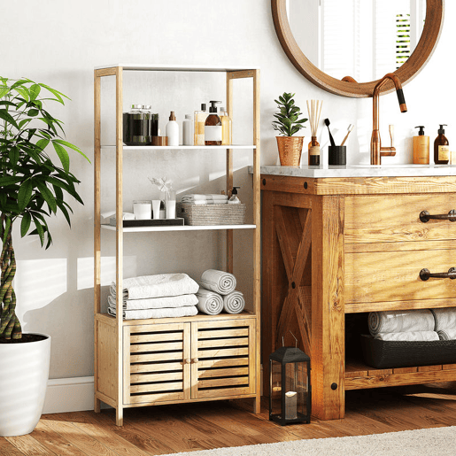 HOMCOM Estante para Casa de Banho de Bambu com 3 Prateleiras Abertas Estante de Arrumação Casa de Banho com Portas Ripadas 63x30x138 cm Madeira e Branco