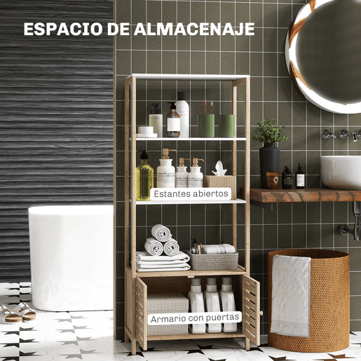 HOMCOM Estante para Casa de Banho de Bambu com 3 Prateleiras Abertas Estante de Arrumação Casa de Banho com Portas Ripadas 63x30x138 cm Madeira e Branco