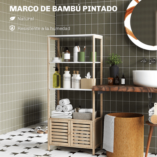 HOMCOM Estante para Casa de Banho de Bambu com 3 Prateleiras Abertas Estante de Arrumação Casa de Banho com Portas Ripadas 63x30x138 cm Madeira e Branco