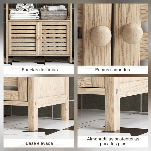 HOMCOM Estante para Casa de Banho de Bambu com 3 Prateleiras Abertas Estante de Arrumação Casa de Banho com Portas Ripadas 63x30x138 cm Madeira e Branco