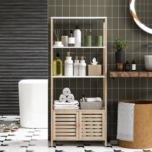 HOMCOM Estante para Casa de Banho de Bambu com 3 Prateleiras Abertas Estante de Arrumação Casa de Banho com Portas Ripadas 63x30x138 cm Madeira e Branco