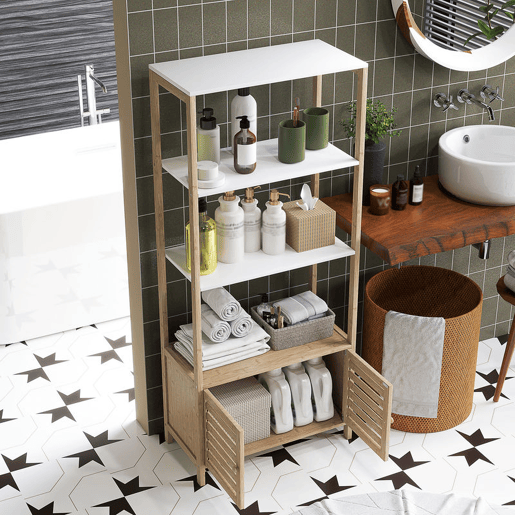 HOMCOM Estante para Casa de Banho de Bambu com 3 Prateleiras Abertas Estante de Arrumação Casa de Banho com Portas Ripadas 63x30x138 cm Madeira e Branco