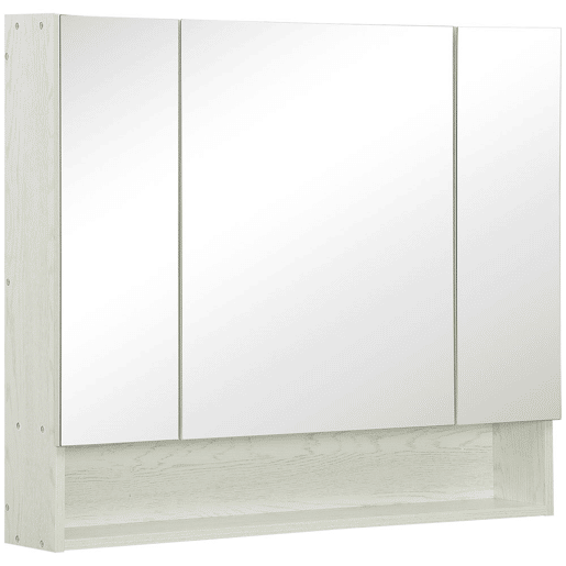 kleankin Armário de Casa de Banho com Espelho Armário de Parede com 3 Portas Prateleira Ajustável e Compartimento Móvel de Casa de Banho Suspenso 90x15x75 cm Madeira Clara
