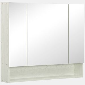 kleankin Armário de Casa de Banho com Espelho Armário de Parede com 3 Portas Prateleira Ajustável e Compartimento Móvel de Casa de Banho Suspenso 90x15x75 cm Madeira Clara