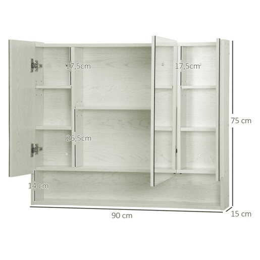 kleankin Armário de Casa de Banho com Espelho Armário de Parede com 3 Portas Prateleira Ajustável e Compartimento Móvel de Casa de Banho Suspenso 90x15x75 cm Madeira Clara