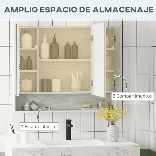 kleankin Armário de Casa de Banho com Espelho Armário de Parede com 3 Portas Prateleira Ajustável e Compartimento Móvel de Casa de Banho Suspenso 90x15x75 cm Madeira Clara