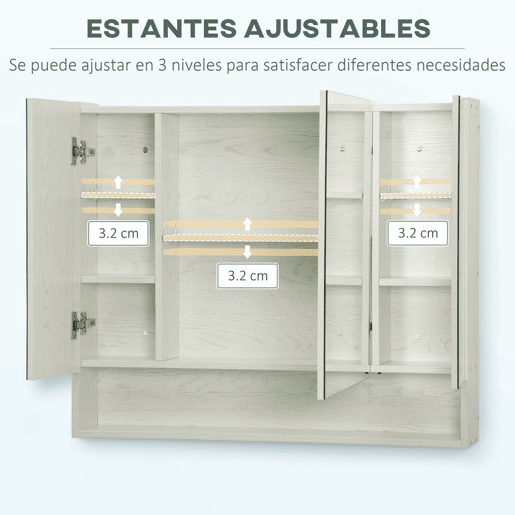 kleankin Armário de Casa de Banho com Espelho Armário de Parede com 3 Portas Prateleira Ajustável e Compartimento Móvel de Casa de Banho Suspenso 90x15x75 cm Madeira Clara