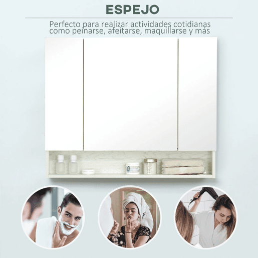 kleankin Armário de Casa de Banho com Espelho Armário de Parede com 3 Portas Prateleira Ajustável e Compartimento Móvel de Casa de Banho Suspenso 90x15x75 cm Madeira Clara