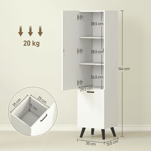HOMCOM Coluna Casa de Banho Armário Alto Casa de Banho Estreito com 2 Portas e Prateleiras Móvel para Sala de Estar Cozinha 35x31,5x144 cm Branco