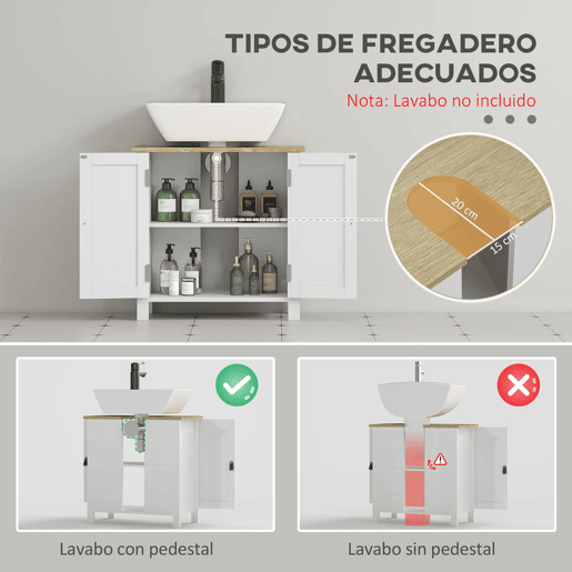 kleankin Móvel para Lavatório Pousar Móvel para Lavatório em Pé com 2 Portas 2 Puxadores e Prateleira Ajustável sem Lavatório 60x30x60 cm Branco