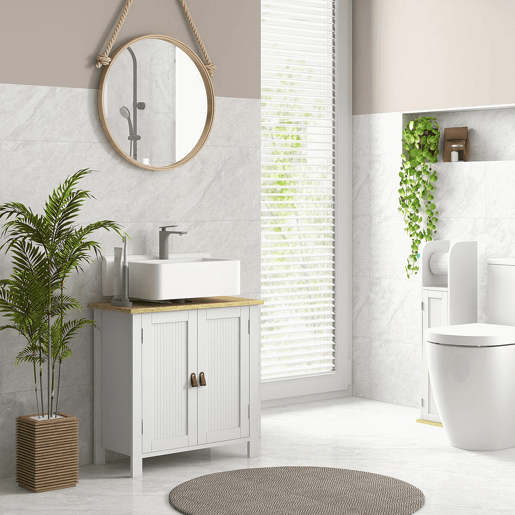 kleankin Móvel para Lavatório Pousar Móvel para Lavatório em Pé com 2 Portas 2 Puxadores e Prateleira Ajustável sem Lavatório 60x30x60 cm Branco