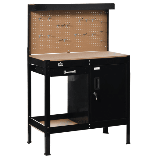 HOMCOM Bancada de Trabalho 98,5x48x140 cm Carga 100 kg Mesa de Trabalho com Painel Perfurado Gaveta Prateleira e Armário com Fechadura Preto