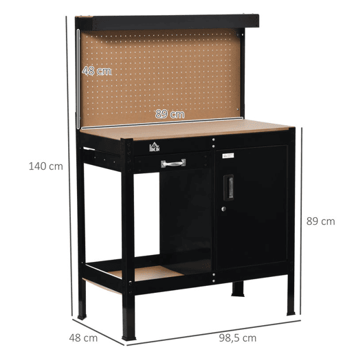 HOMCOM Bancada de Trabalho 98,5x48x140 cm Carga 100 kg Mesa de Trabalho com Painel Perfurado Gaveta Prateleira e Armário com Fechadura Preto