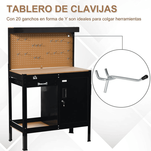 HOMCOM Bancada de Trabalho 98,5x48x140 cm Carga 100 kg Mesa de Trabalho com Painel Perfurado Gaveta Prateleira e Armário com Fechadura Preto