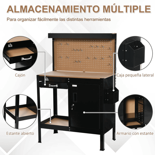 HOMCOM Bancada de Trabalho 98,5x48x140 cm Carga 100 kg Mesa de Trabalho com Painel Perfurado Gaveta Prateleira e Armário com Fechadura Preto