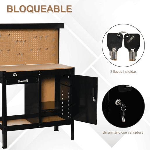 HOMCOM Bancada de Trabalho 98,5x48x140 cm Carga 100 kg Mesa de Trabalho com Painel Perfurado Gaveta Prateleira e Armário com Fechadura Preto