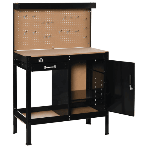 HOMCOM Bancada de Trabalho 98,5x48x140 cm Carga 100 kg Mesa de Trabalho com Painel Perfurado Gaveta Prateleira e Armário com Fechadura Preto