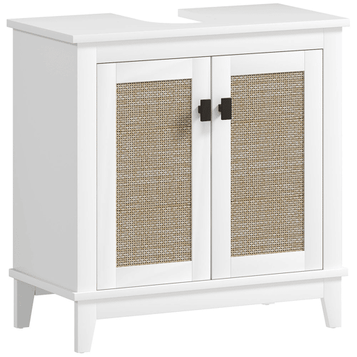 HOMCOM Móvel para Lavatório Pousar Armário Casa de Banho com 2 Portas de Vime PE 2 Prateleiras e Sistema Anti-Tombo para Casa de Banho 60x30x30 cm Branco