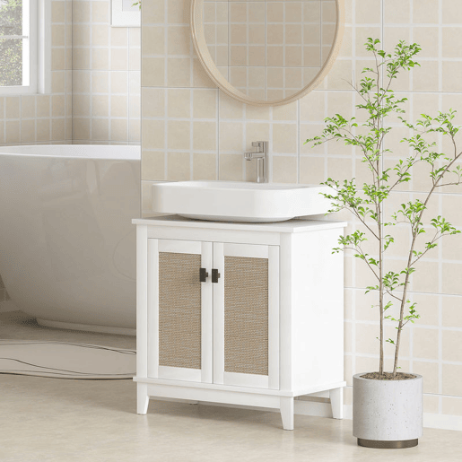 HOMCOM Móvel para Lavatório Pousar Armário Casa de Banho com 2 Portas de Vime PE 2 Prateleiras e Sistema Anti-Tombo para Casa de Banho 60x30x30 cm Branco