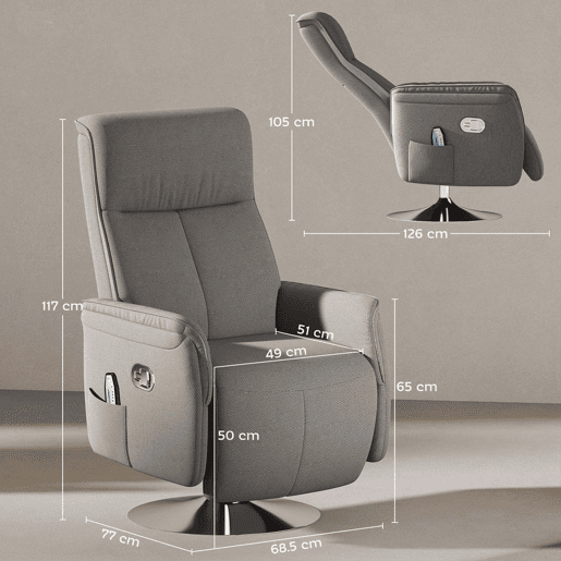HOMCOM Poltrona de Massagem Elétrica com Apoio para os Pés Poltrona Relax Giratória Reclinável até 135° com Controlo Remoto 10 Pontos de Massagem e Bolso Lateral 68,5x84x110 cm Cinzento