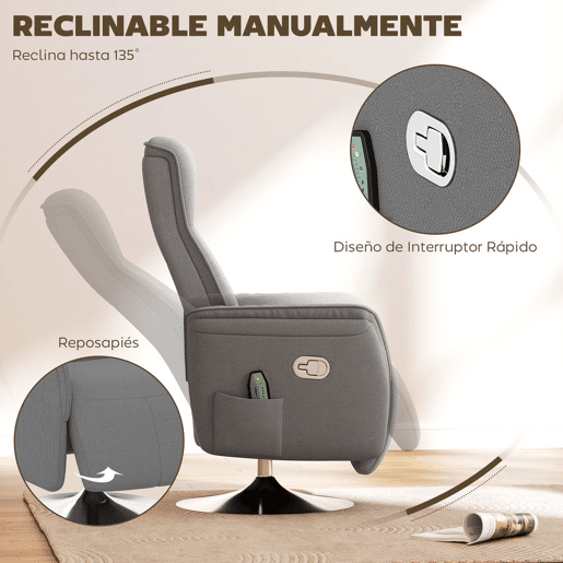 HOMCOM Poltrona de Massagem Elétrica com Apoio para os Pés Poltrona Relax Giratória Reclinável até 135° com Controlo Remoto 10 Pontos de Massagem e Bolso Lateral 68,5x84x110 cm Cinzento