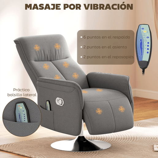 HOMCOM Poltrona de Massagem Elétrica com Apoio para os Pés Poltrona Relax Giratória Reclinável até 135° com Controlo Remoto 10 Pontos de Massagem e Bolso Lateral 68,5x84x110 cm Cinzento