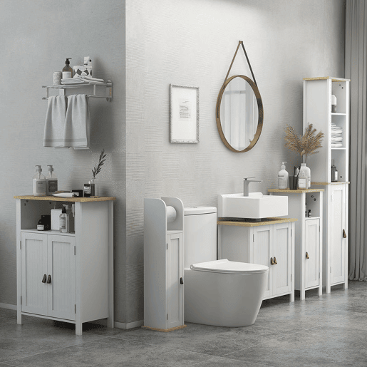 kleankin Armário Casa de Banho Armário Auxiliar Casa de Banho com Prateleiras Ajustáveis e Suporte para Papel Higiénico 20x20x80 cm Branco